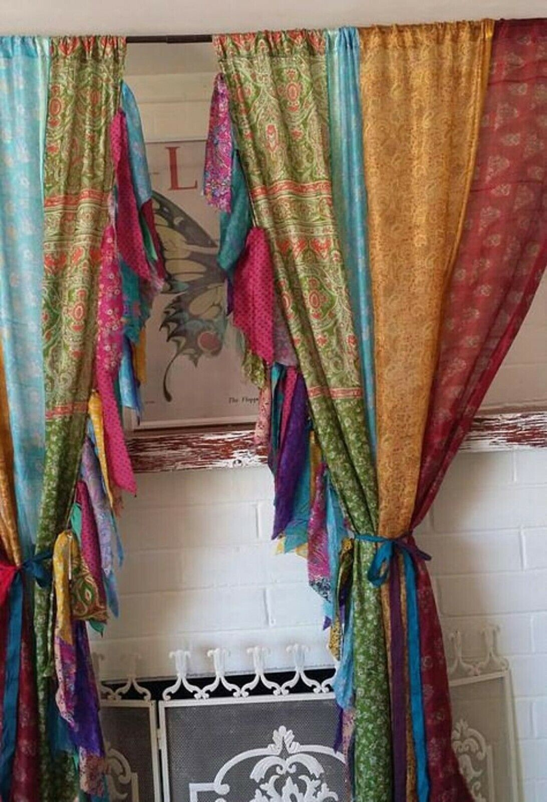 2 Pcs Indian Sari Patchwork Curtain Drape Window Decor Multi Silk Sari Curtain