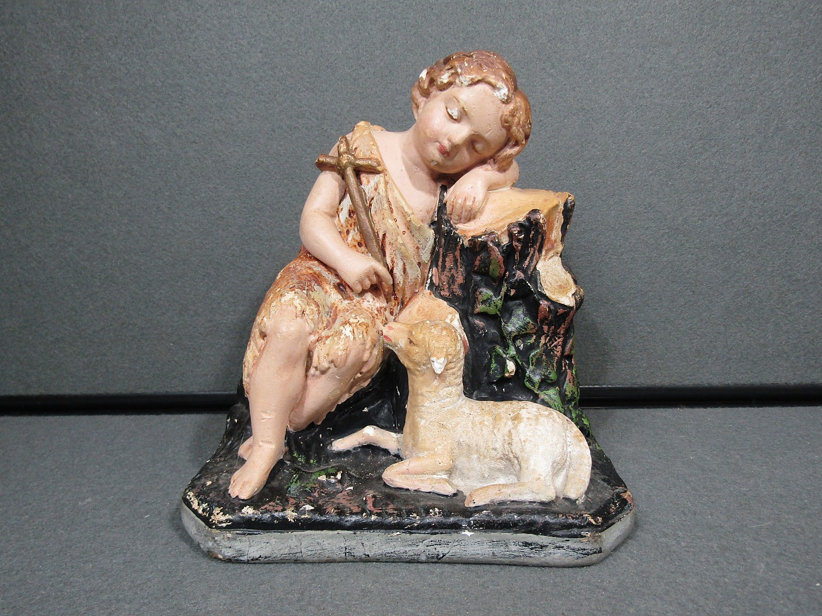 Antique Chalkware Baby St John the Baptist Lamb Cross Statue 7.5"