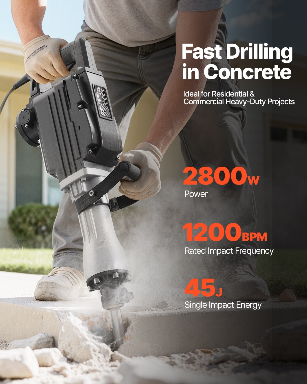 VEVOR Demolition Jack Hammer Concrete Breaker 2200W Electric Hammer 2Chisel Bits