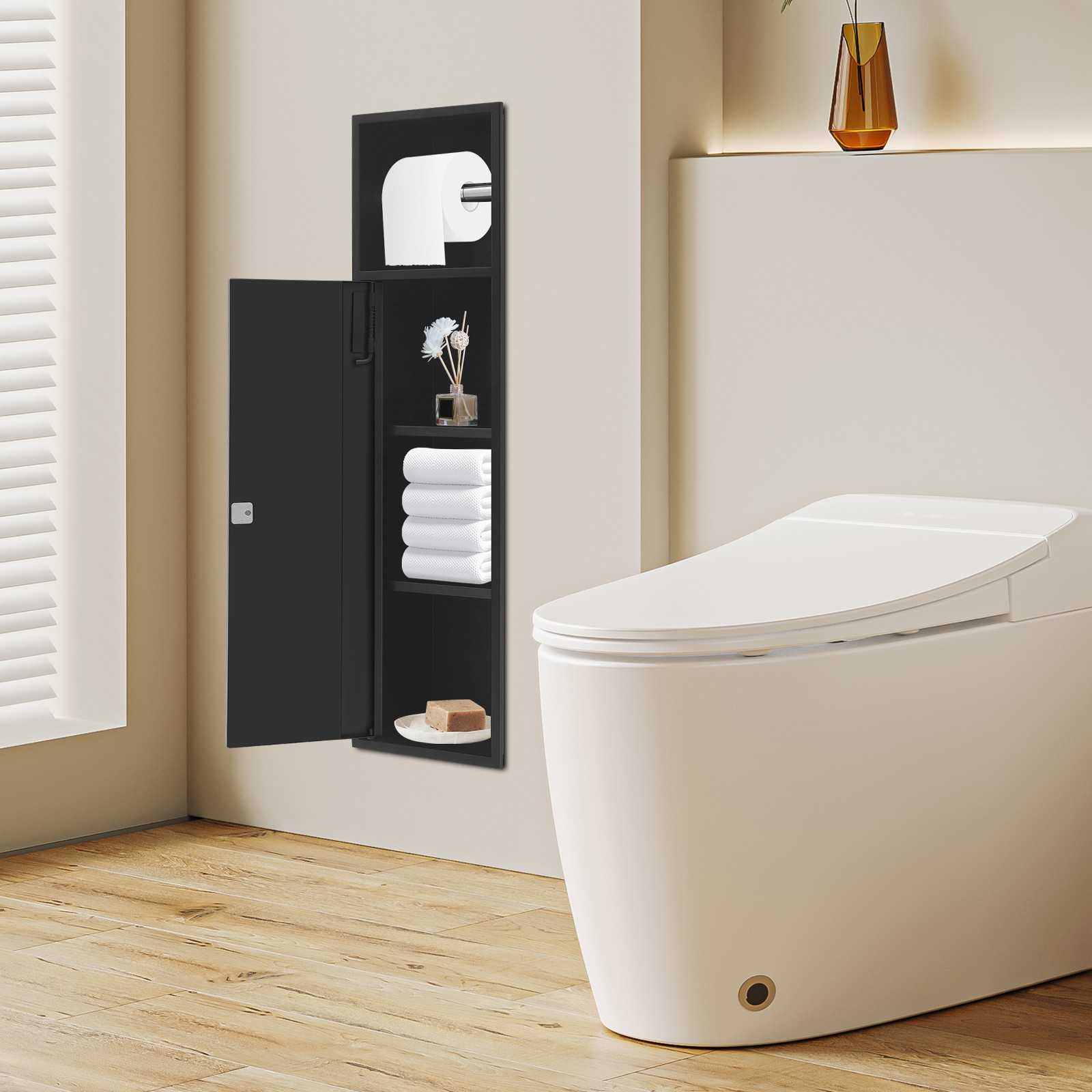 4-Tier 304 Stainless Steel Recessed Bathroom Niche W/ Toilet Paper Holder