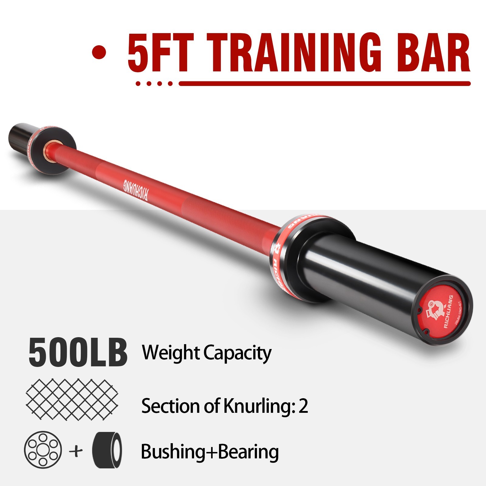 RICHUANG 5FT Olympic Barbell 28mm 2" Weight Bar 500LB Capacity A3 Steel for Gym