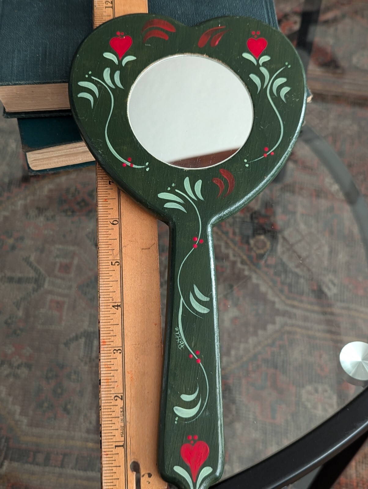 Vtg Hand Mirror Vanity Folk Art Handmade Home Green Wood Tole Painted Floral