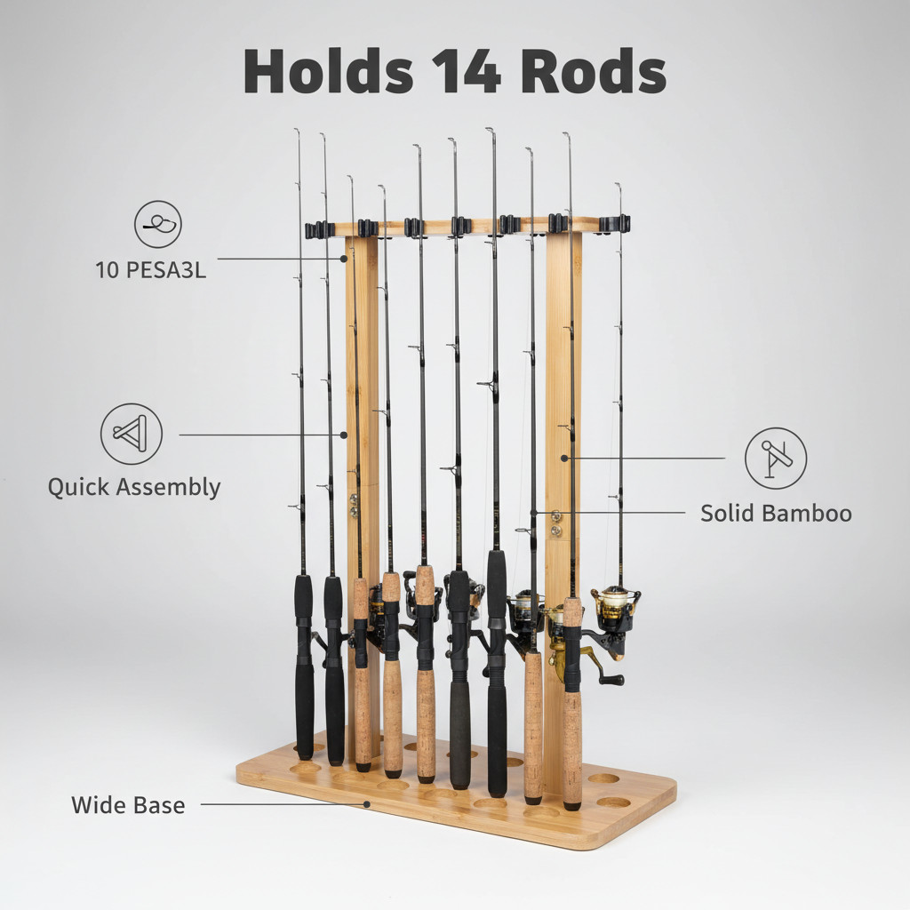 Fishing Rod Holders for Garage Wood Pole Rack Floor Stand Holds up to 14 Rods