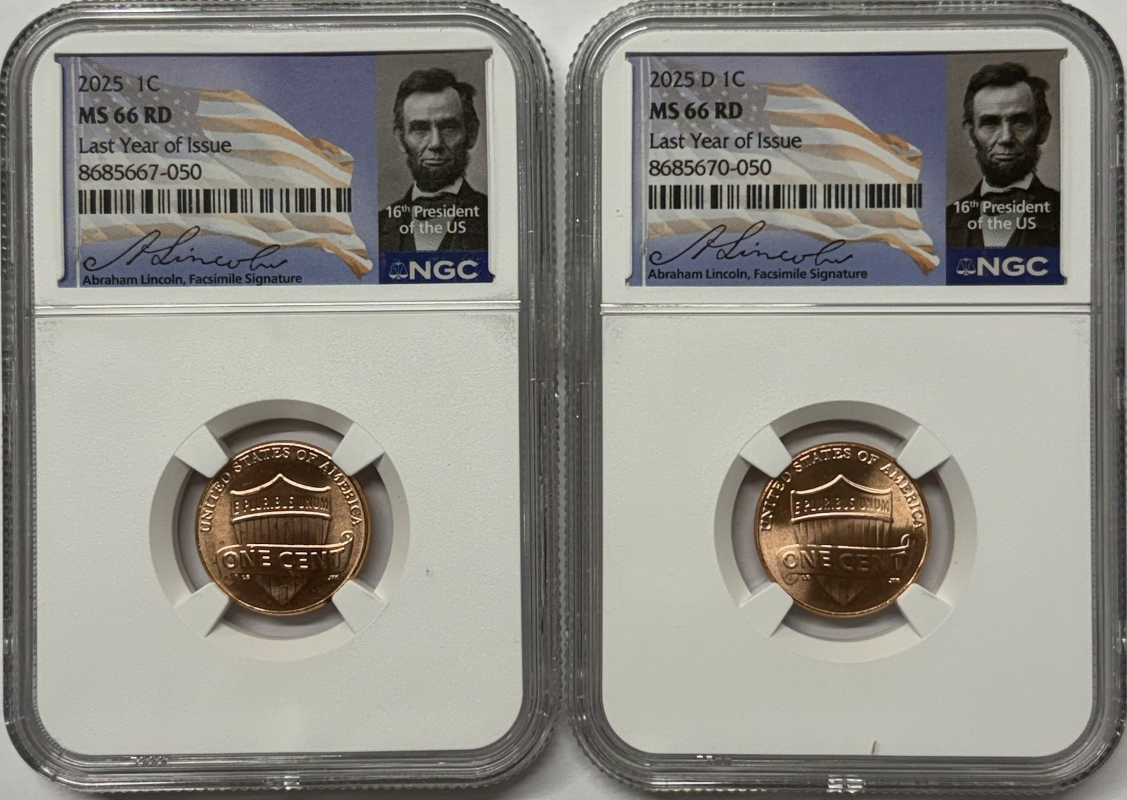 2025 P & D Lincoln Shield Cent NGC MS66 RD 2 Coin Penny Set Last Year Of Issue