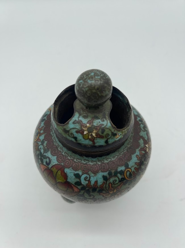 Antique Chinese cloisonné three-legged incense burner