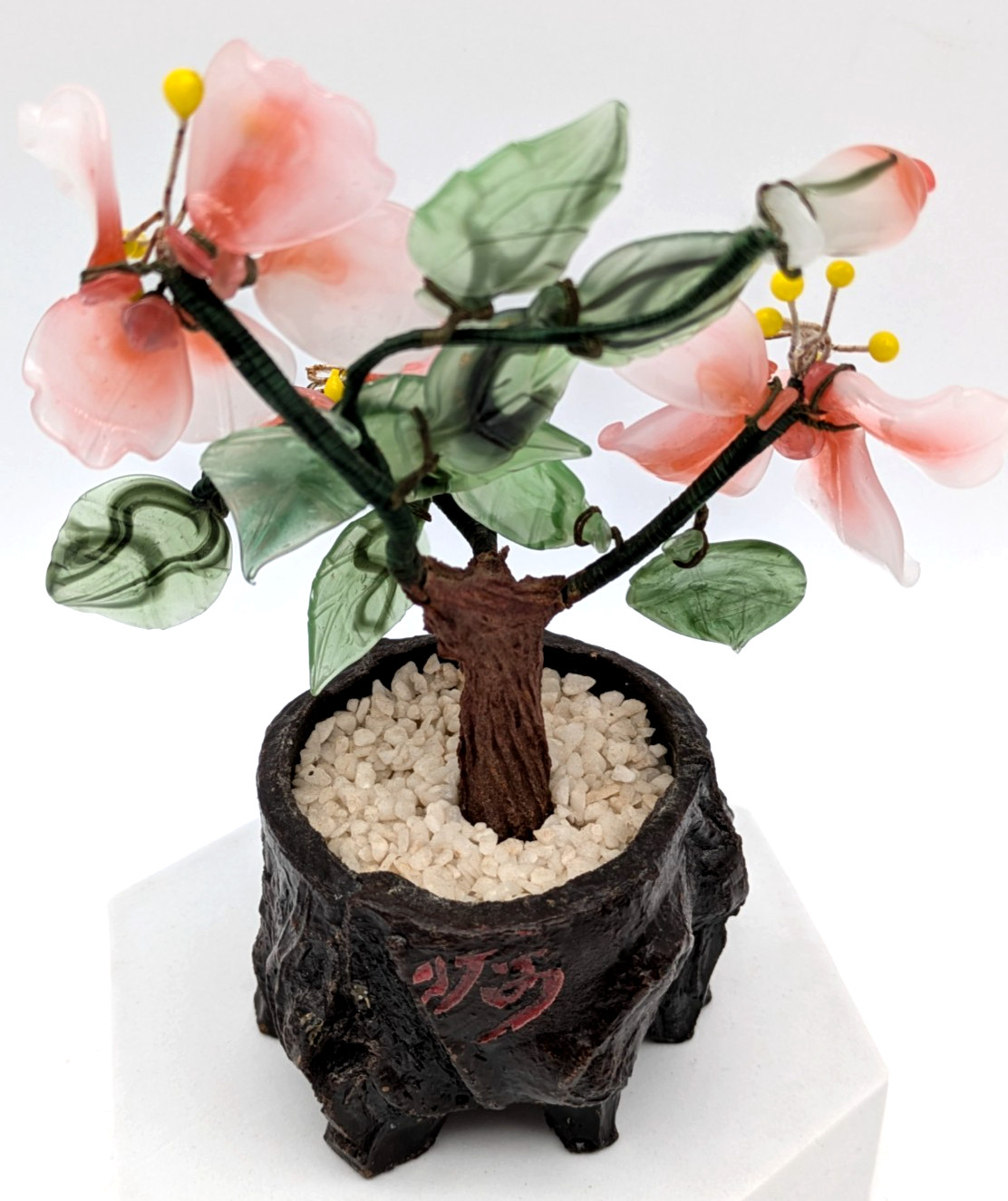 Asian Pink & Green Jade Glass Bonsai Flowers In Footed Pot Signed