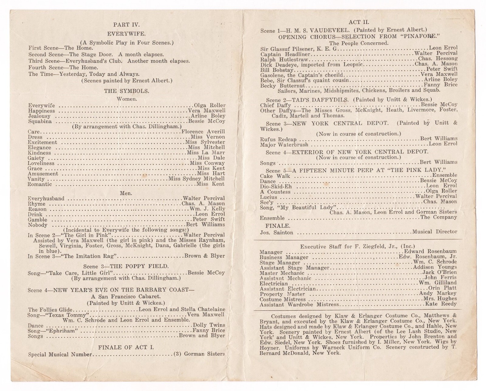 Bert Williams "ZIEGFELD FOLLIES" Fanny Brice / Dolly Sisters 1912 Boston Program