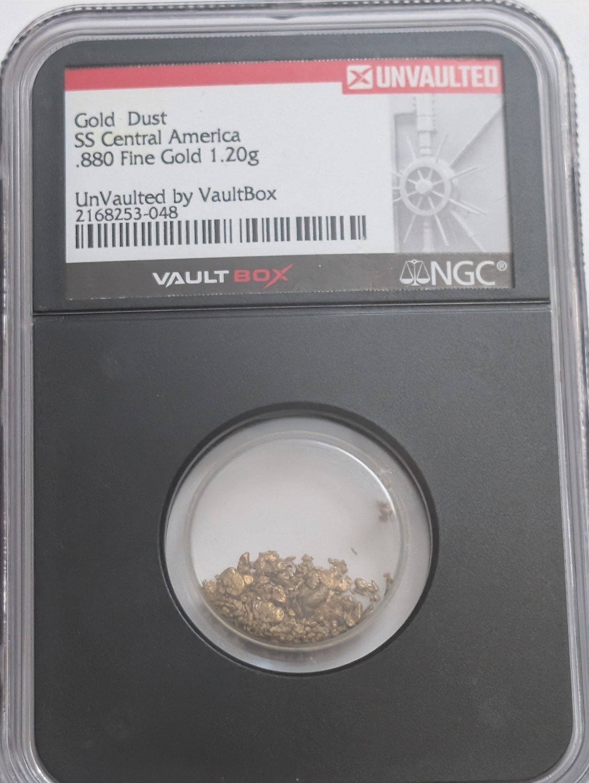 VaultBox SS Central America Gold Dust .880 Fine Gold 1.20g Encapsulated NGC