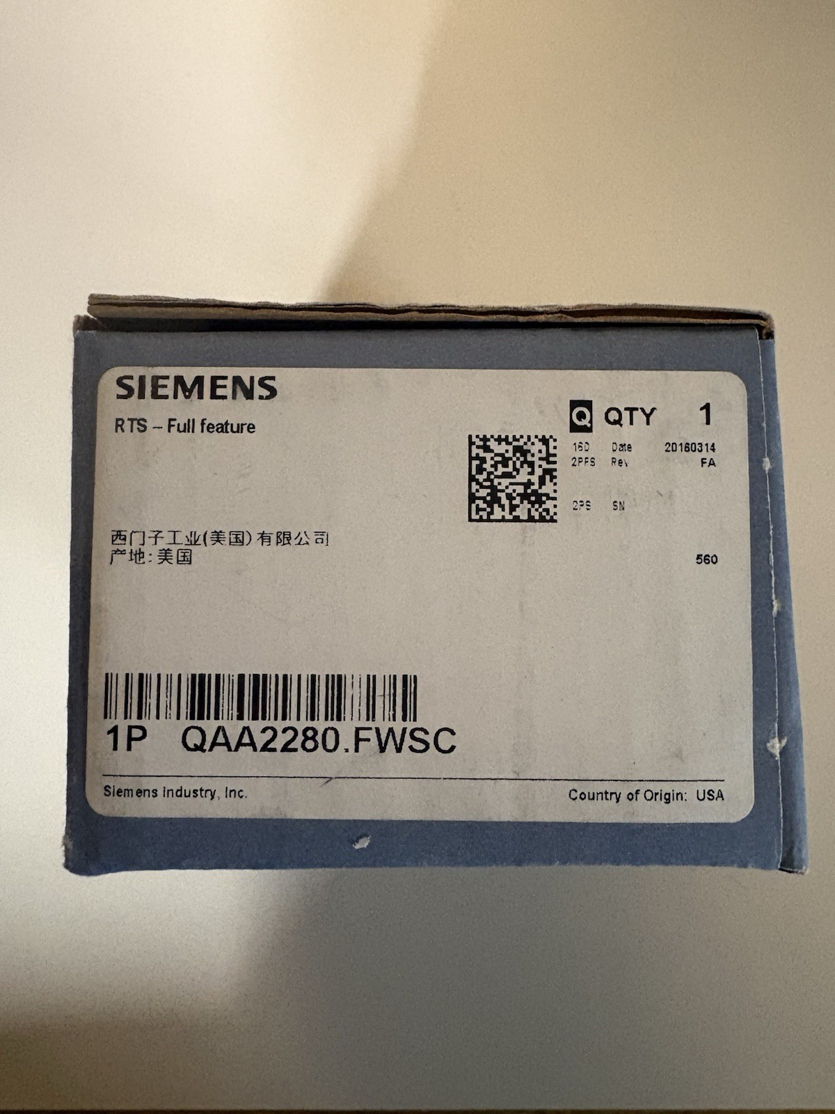 Siemens QAA2280.FWSC Room Temp Sensor, White Brand New