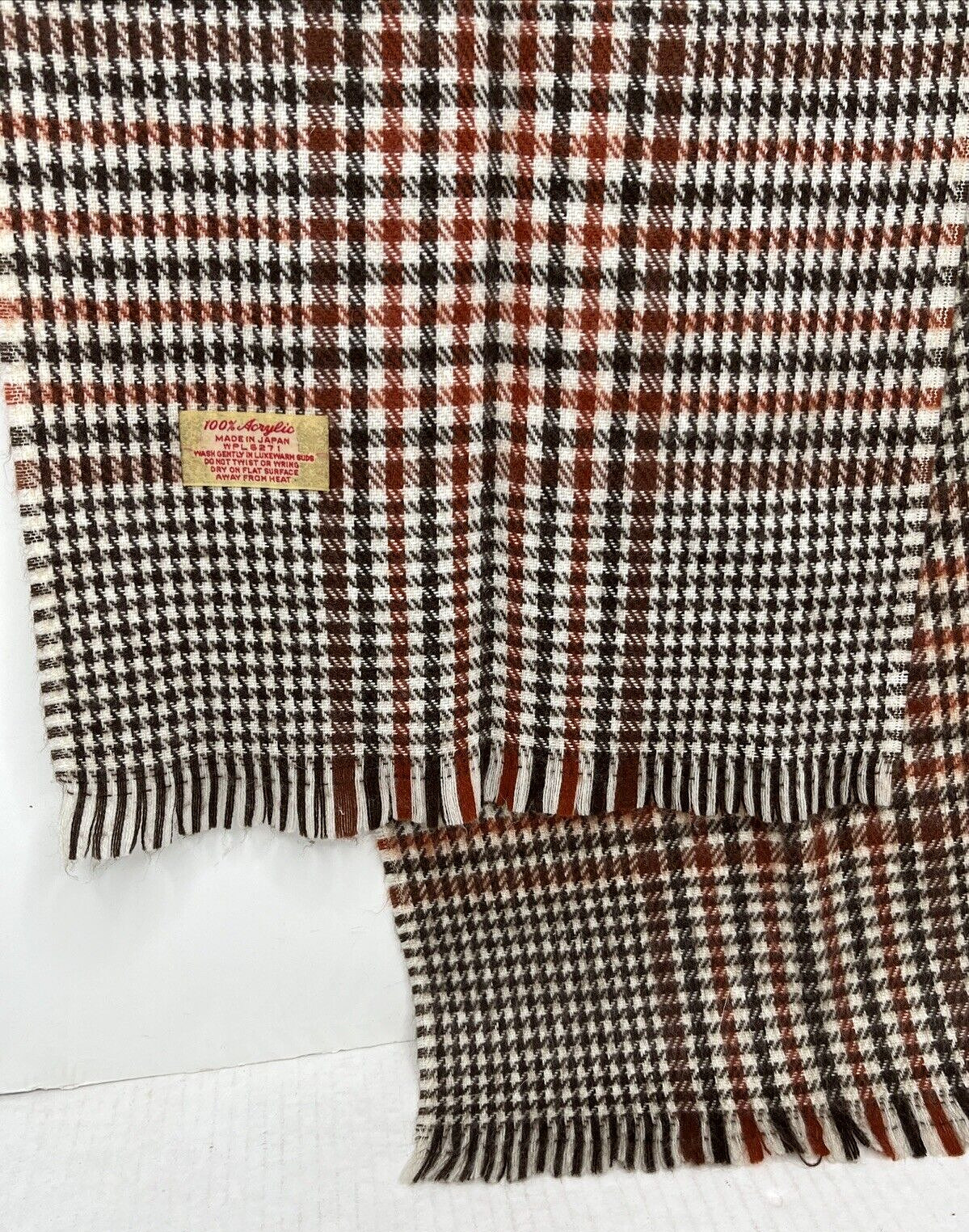 100% Acrylic Fringed Plaid 54" Scarf Tan Brown WPL5271 Vintage Made in Japan