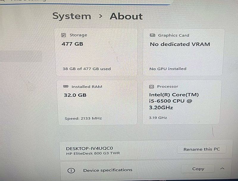 HP EliteDesk 800 G3 TWR 32GB RAM Intel i5-6500 3.20GHz 512GB SSD Windows 11Pro