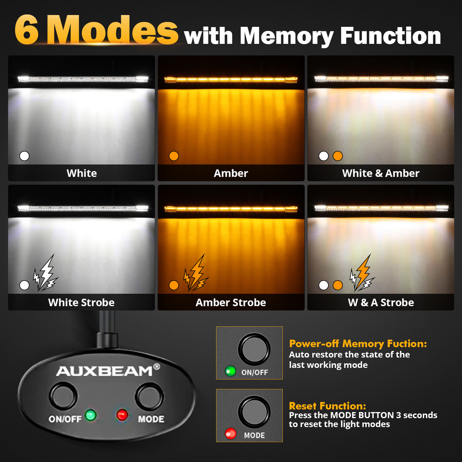 AUXBEAM 50"inch LED Light Bar 6 Modes Strobe Light Amber White for Jeep Wrangler