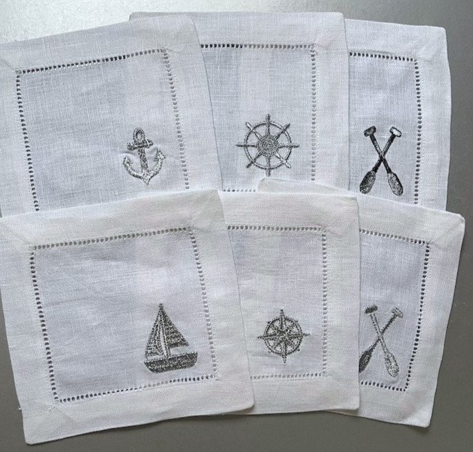 Sferra Nautical Silver Embroidery Cocktail Napkins Hemstitch Linen 6x6 SET/4 New