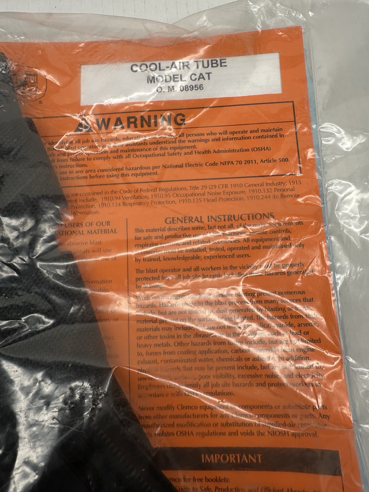 Clemco Industries Cool-Air Tube Model Cat 04410 For Blasting Helmets 90-100 PSI