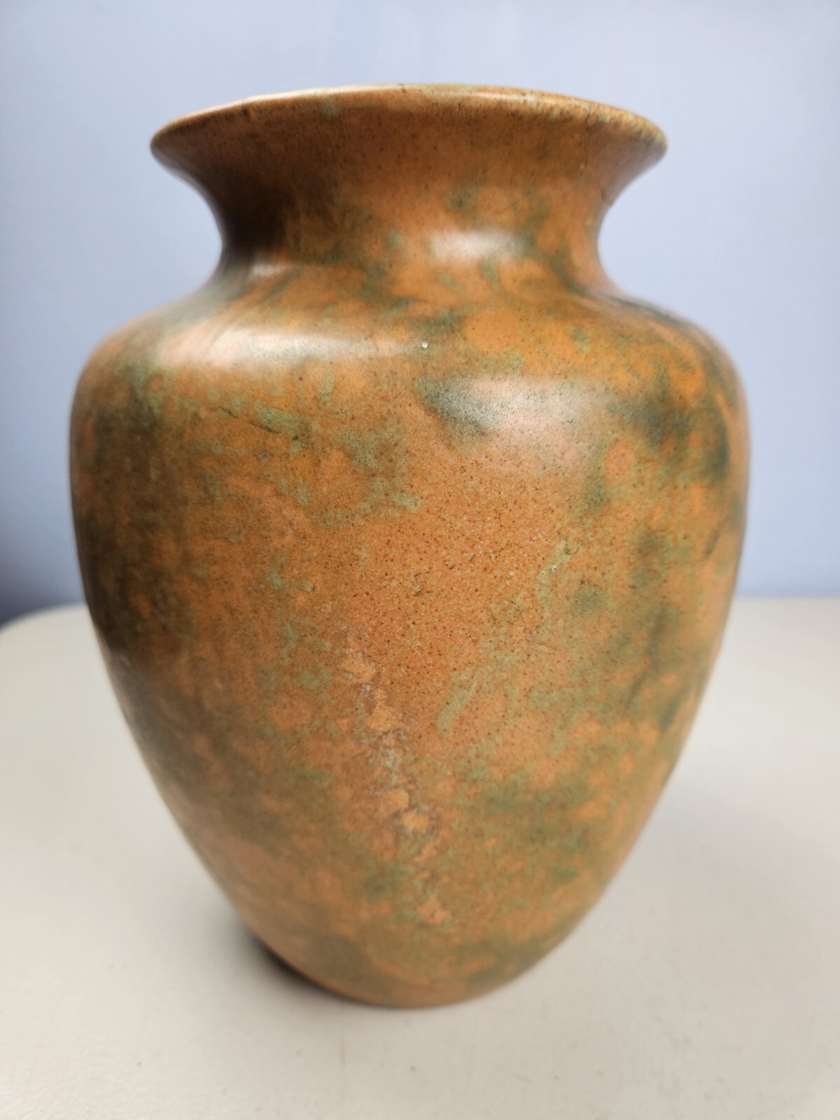 Vintage Burley Winter Art Pottery Wide Mouth Mottled Ceramic Vase 8.5" CRACKED