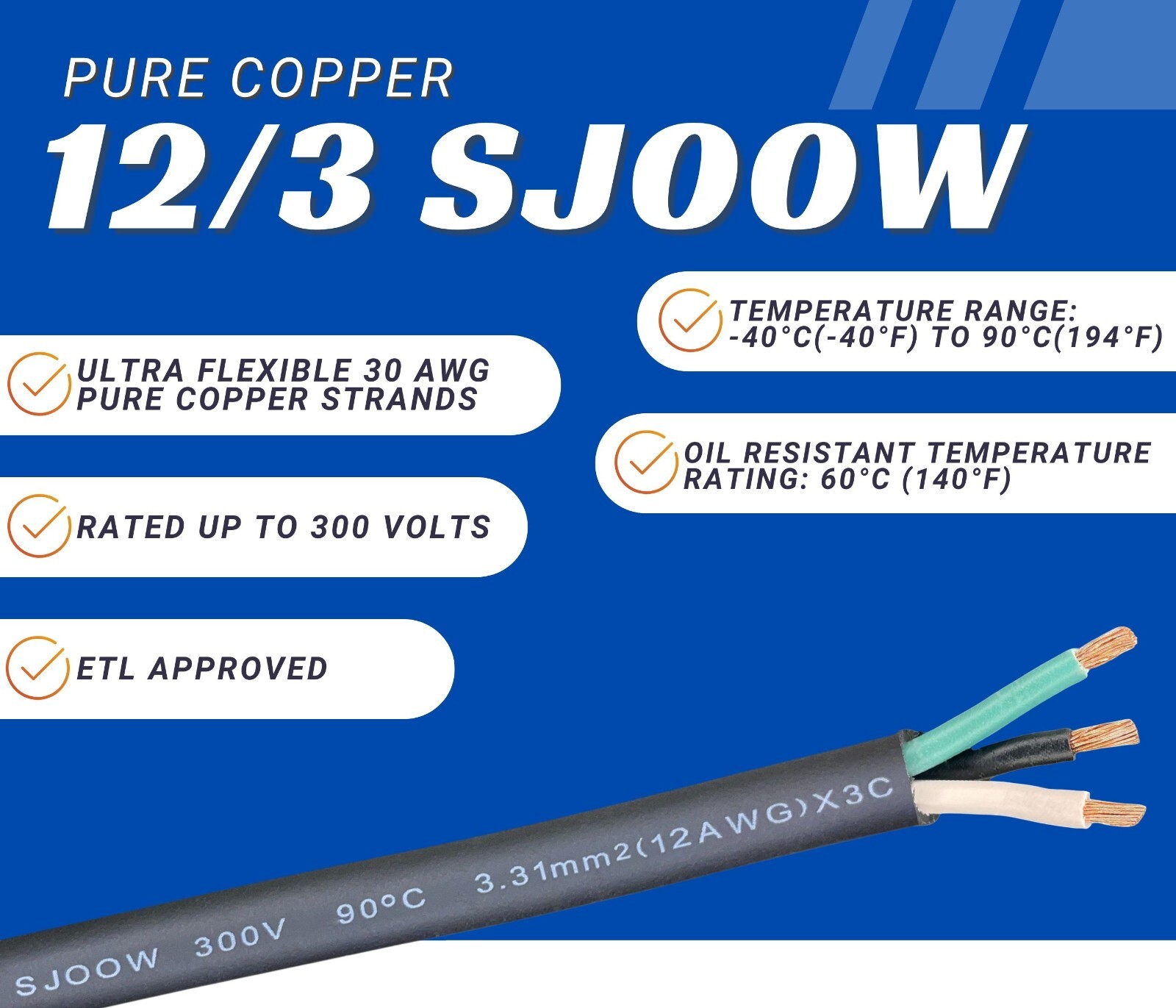 WindyNation 12/3 12 AWG 3 Conductor SJOOW Cable Cord Wire 300V Portable Power