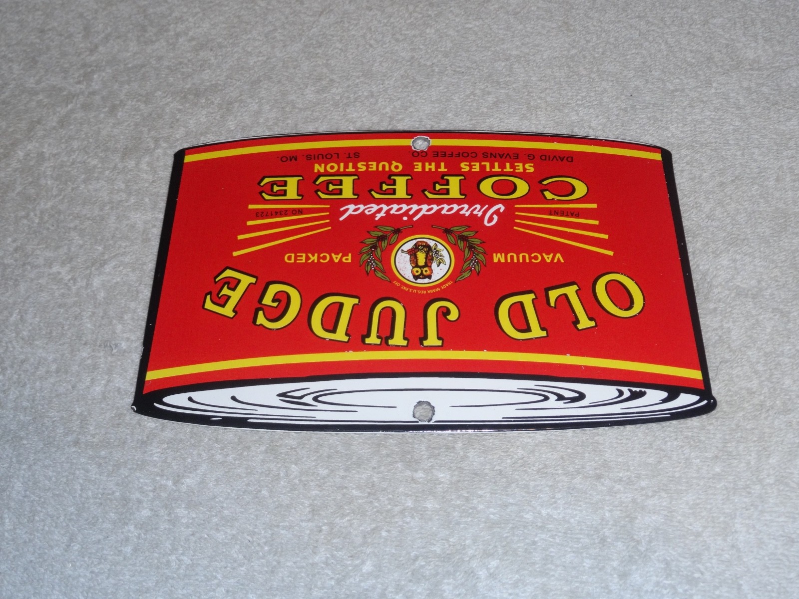 VINTAGE OLD JUDGE COFFEE CAN +OWL 7 3/4" PORCELAIN METAL SODA, GASOLINE OIL SIGN