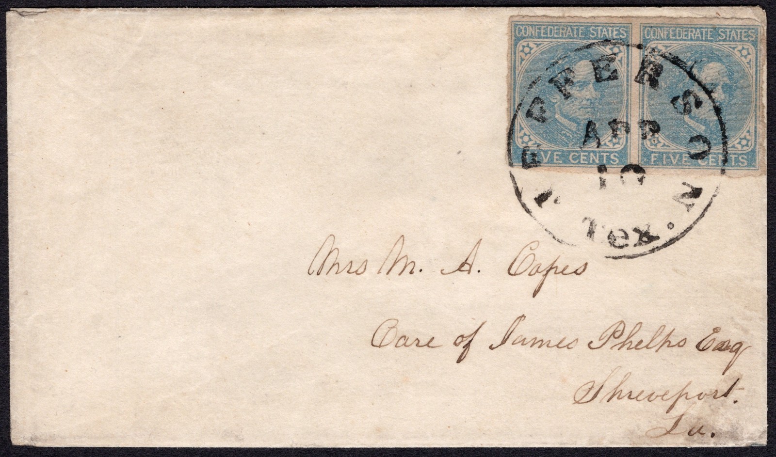 CSA #7, Local (thick paper) Horiz Pair tied by Jefferson, Tex. CDS APR 10 (1863)