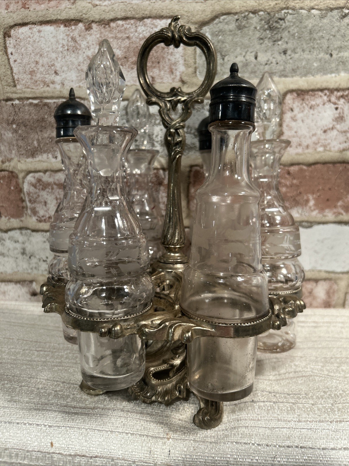 Heavy Antique Silver Plated 7 Pc Cruet Set