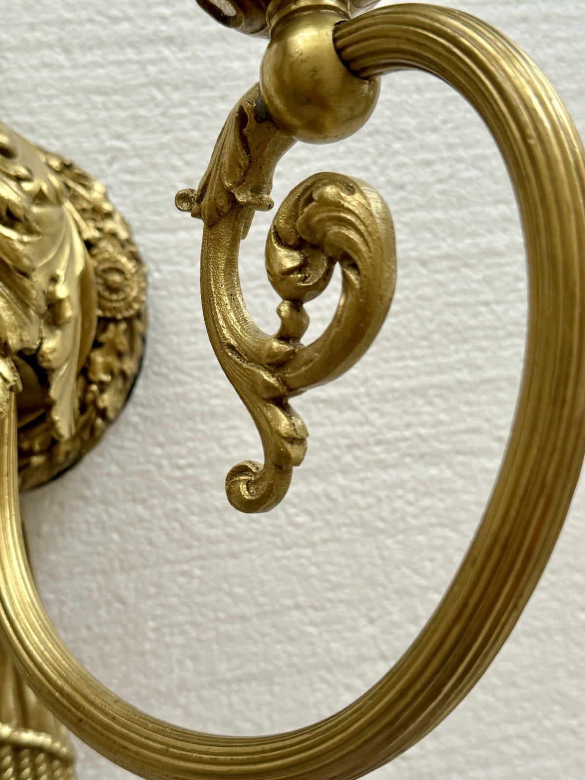 PAIR Antique French Gilt Brass Rope Bow Tassels Wall Sconce 2 Light Candelabras