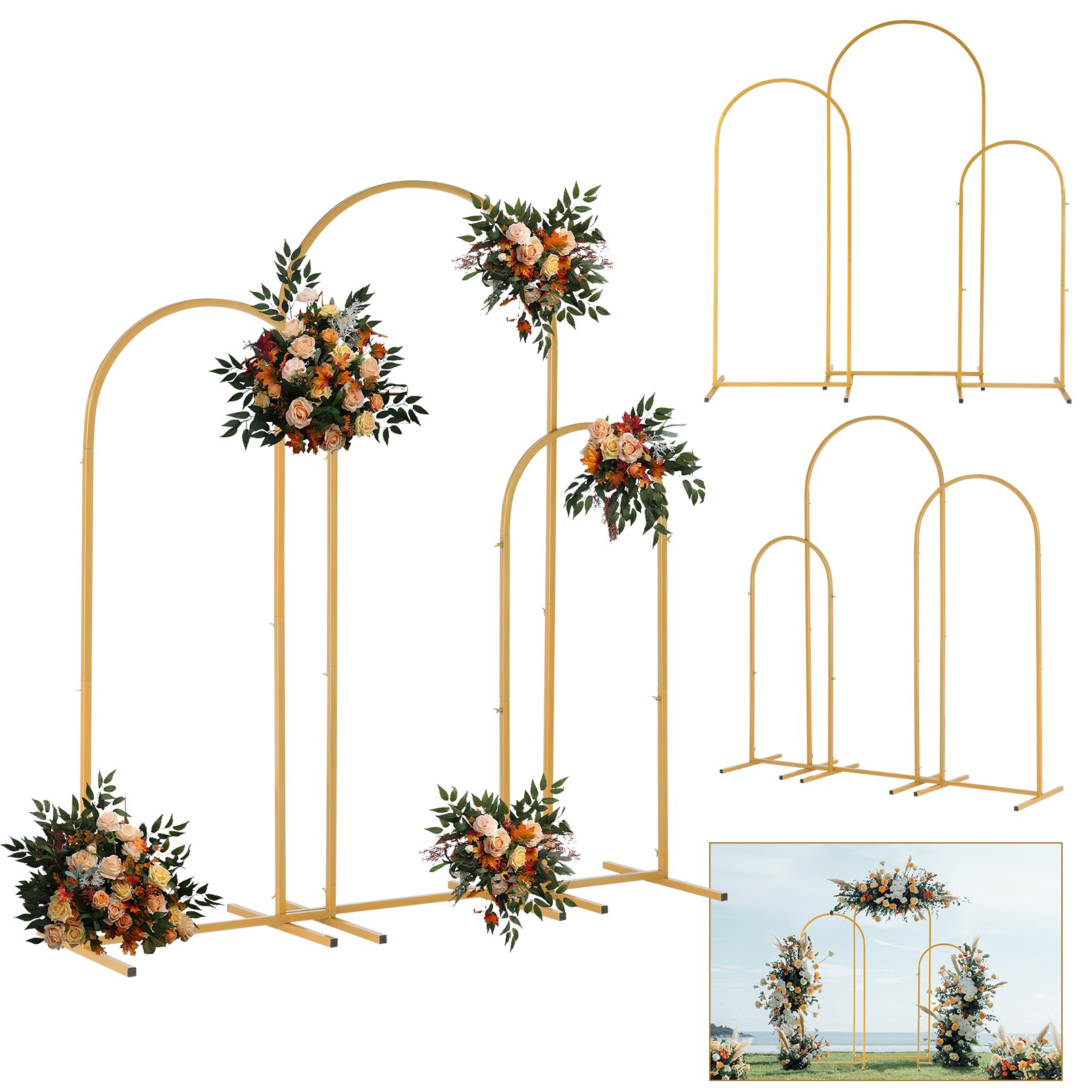 Set of 3 Metal Arch Frame Backdrop Stand Gold Wedding Arch Stand (4FT/5FT/6FT)