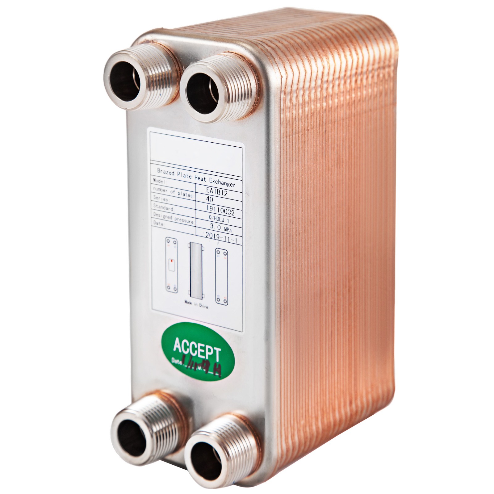 Uimoso 40 Plate Heat Exchanger 3/4" MNPT Ports 3x8" Brazed Plate Heat Exchanger