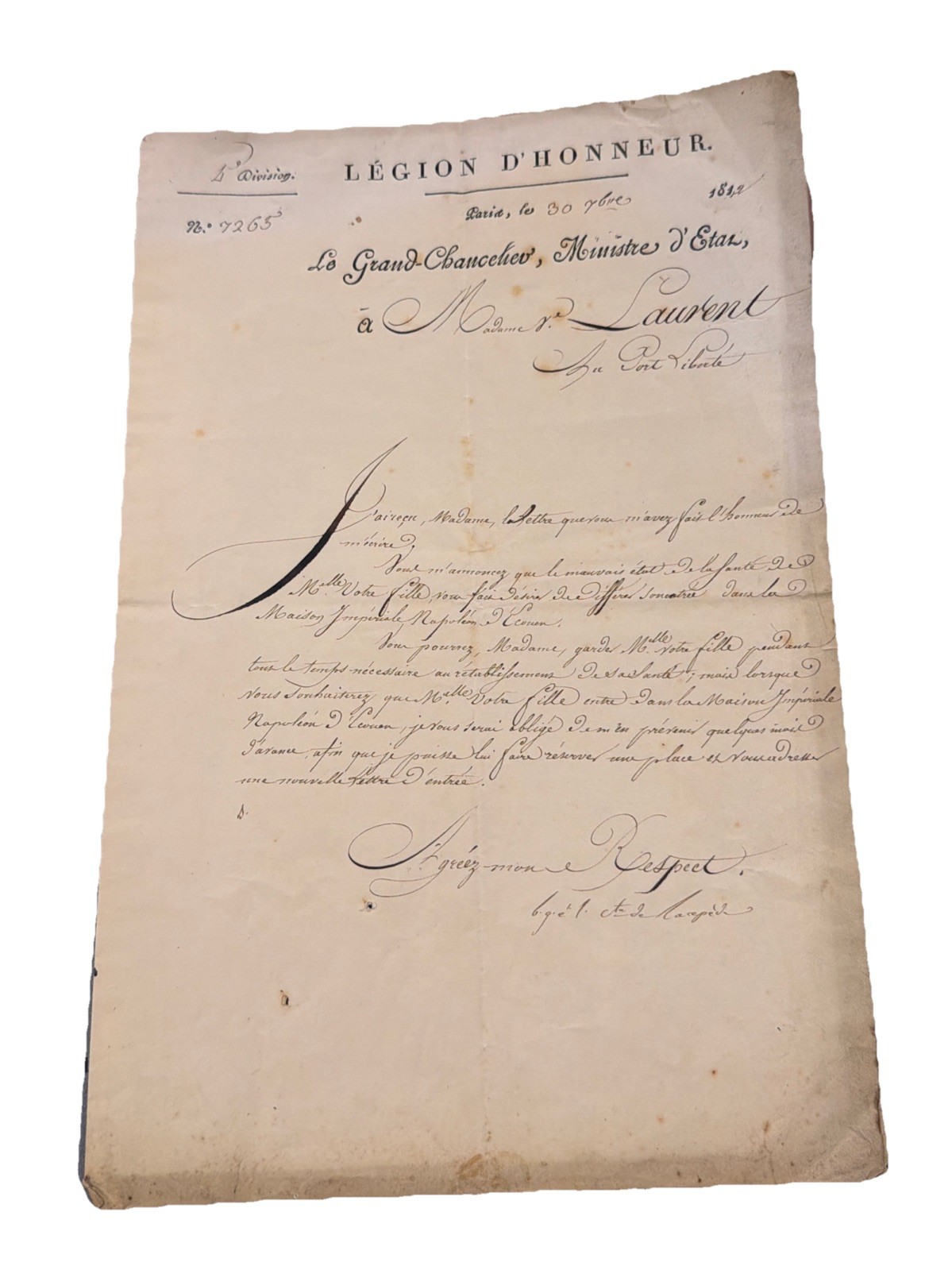 1812 Napoleon Era French Document Légion d’Honneur Signed Lacépède Imperial