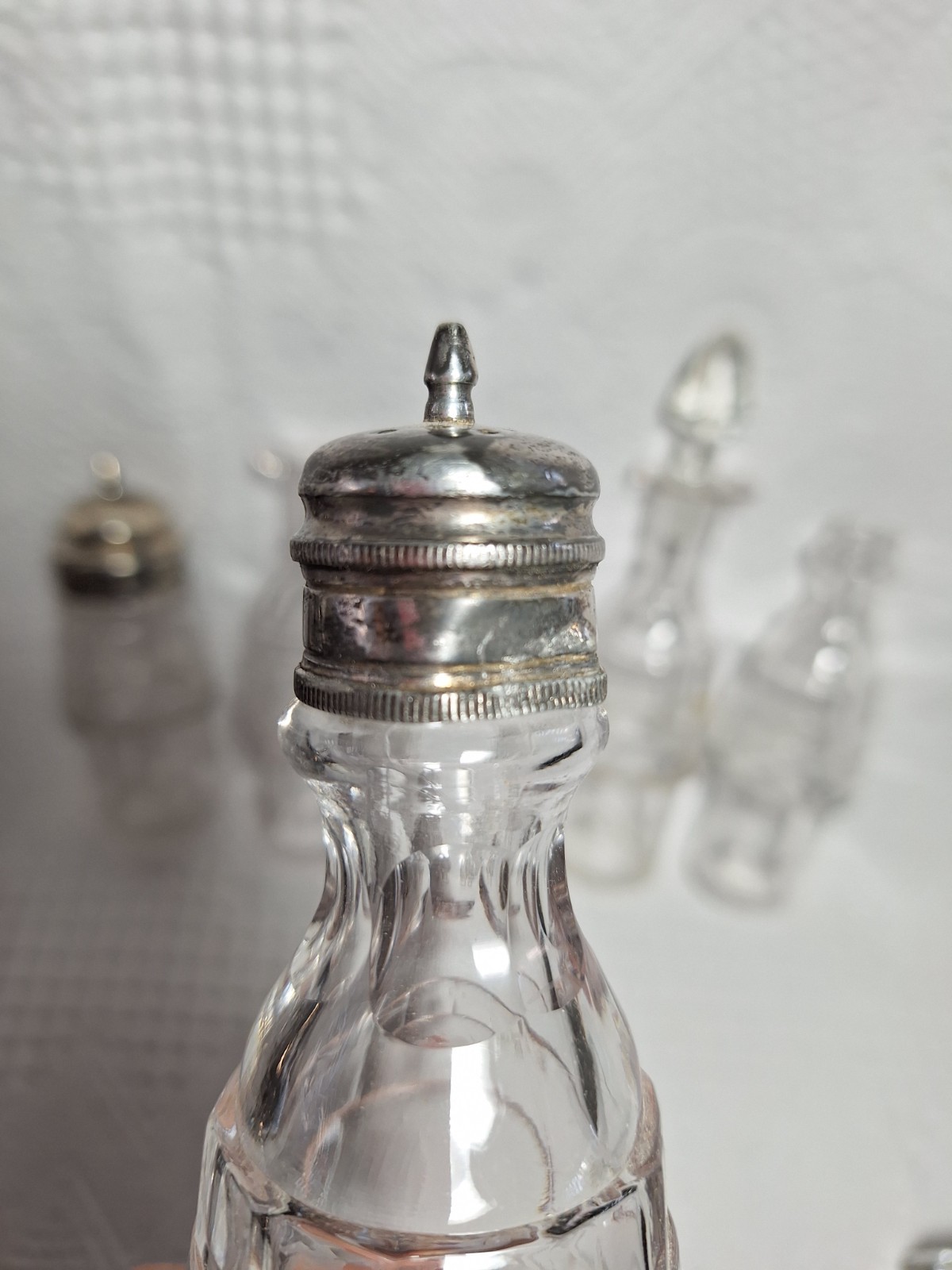 Antique Cruet Set Silver Plate Victorian 5 Etched Bottles Eastlake Design GS