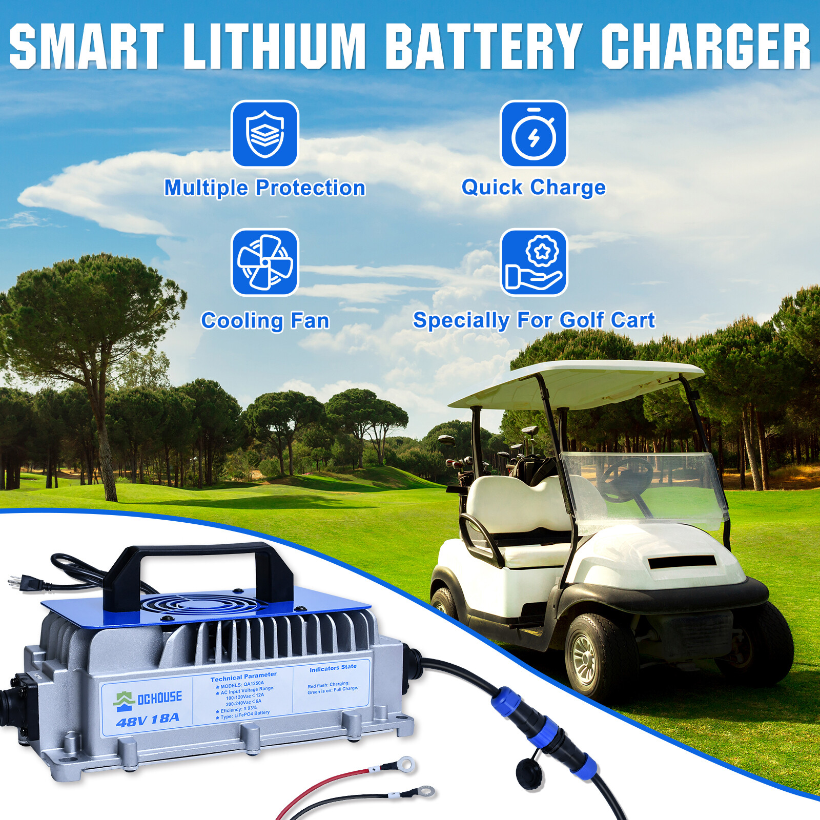 48V 100Ah Metal Case LiFePO4 Golf Cart Battery 18A Charger Bluetooth Monitor