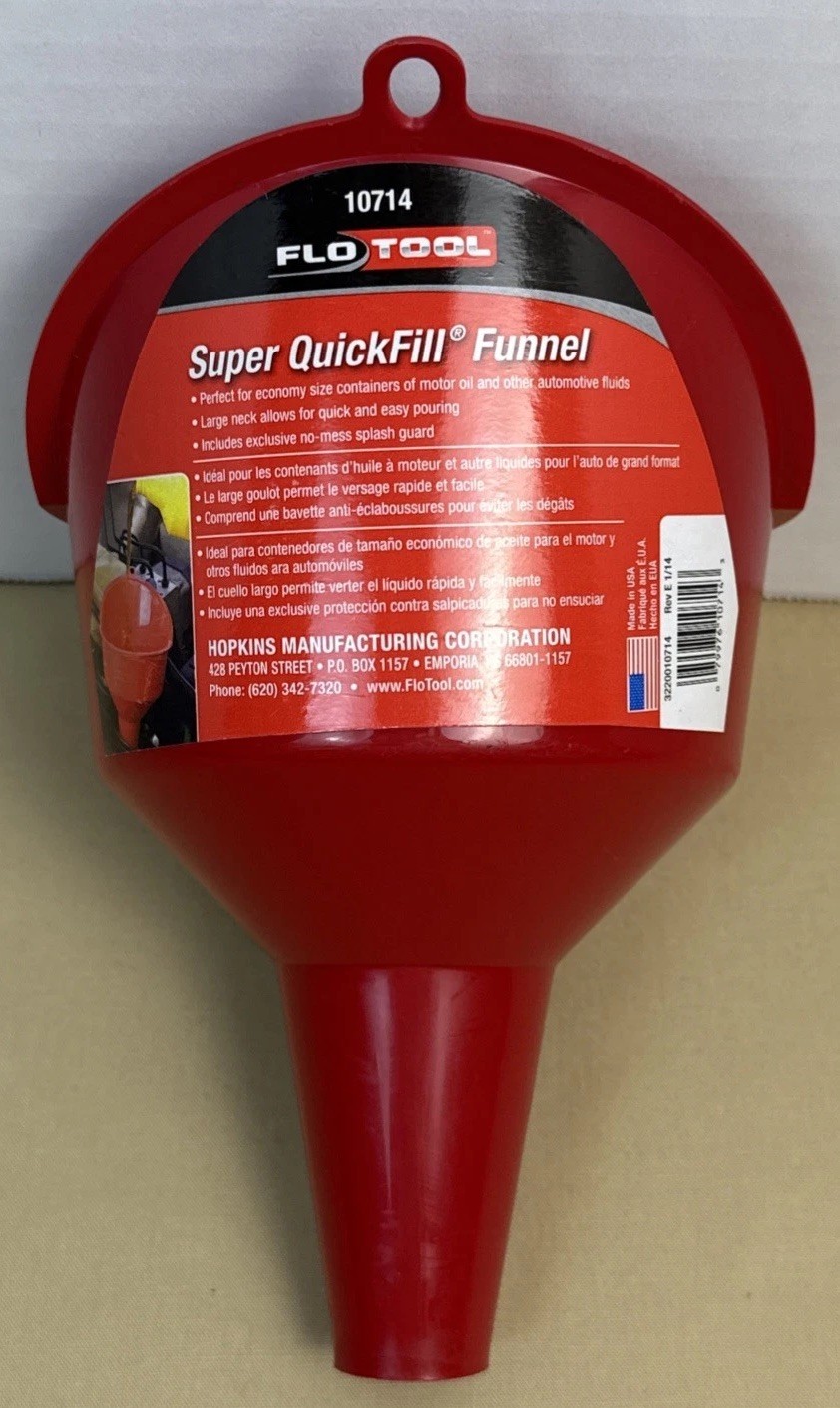 LARGE Super QuickFill Oil Funnel for AUTO Fluids and GAS Tanks – Red Made in USA