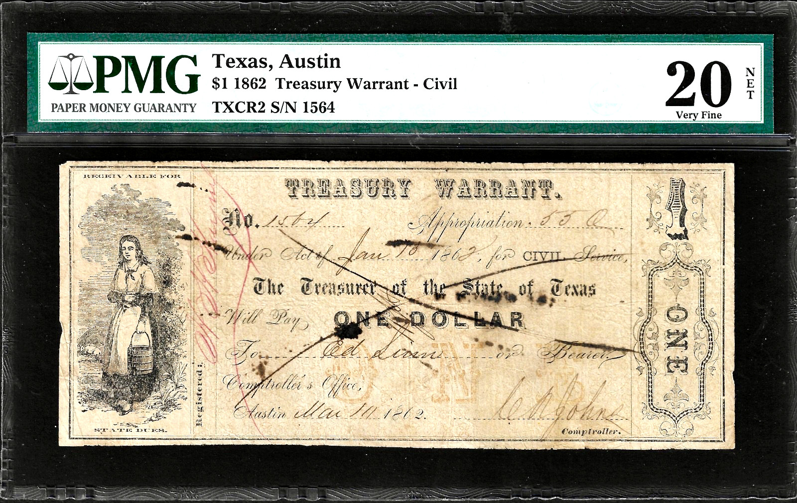 March 11, 1862 Austin Texas Treasury Warrant $1 Obsolete Note TX-Cr. 2 PMG VF20