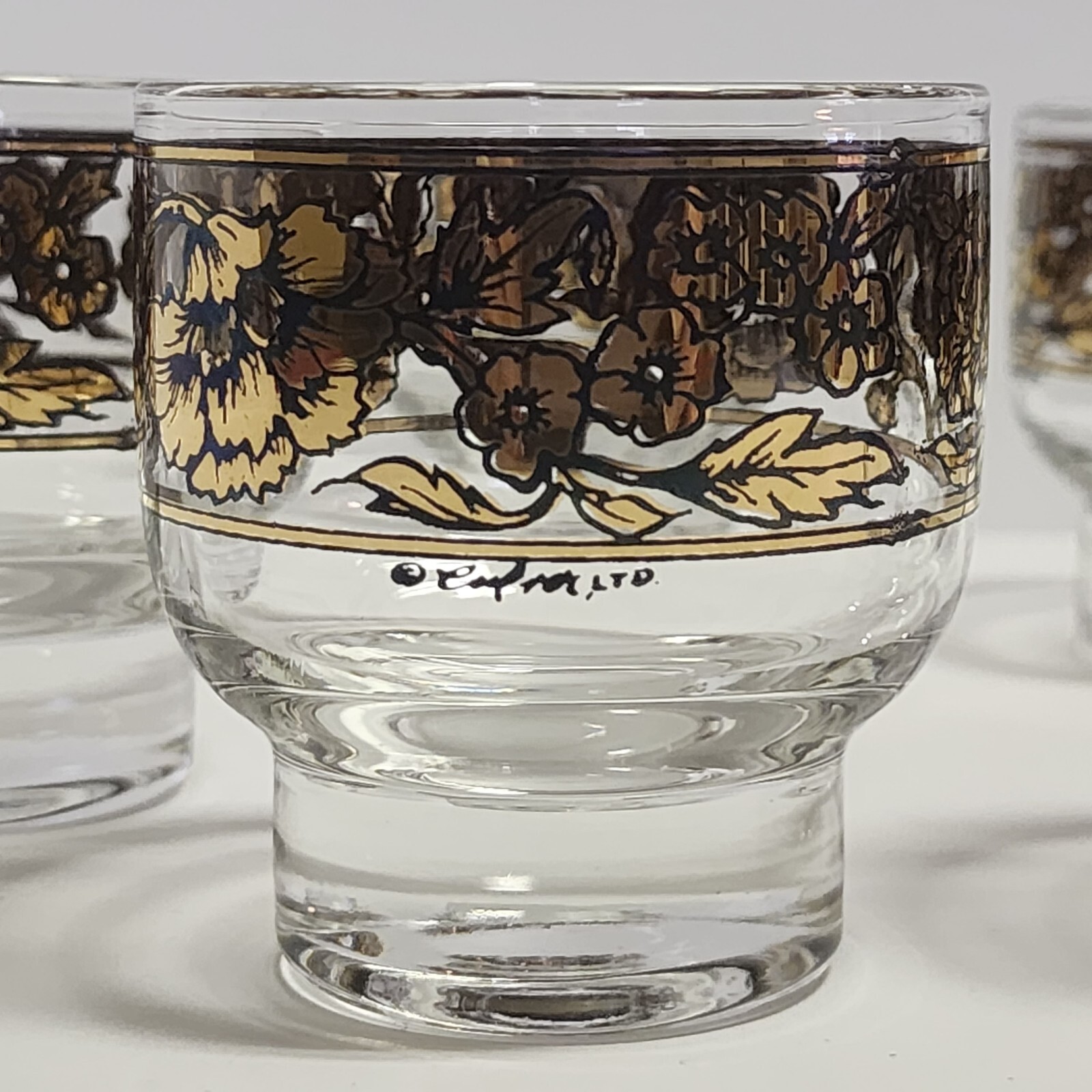 6 Early Culver Gold and Black Rare Chantilly Pattern Footed Cocktail Glasses 50s