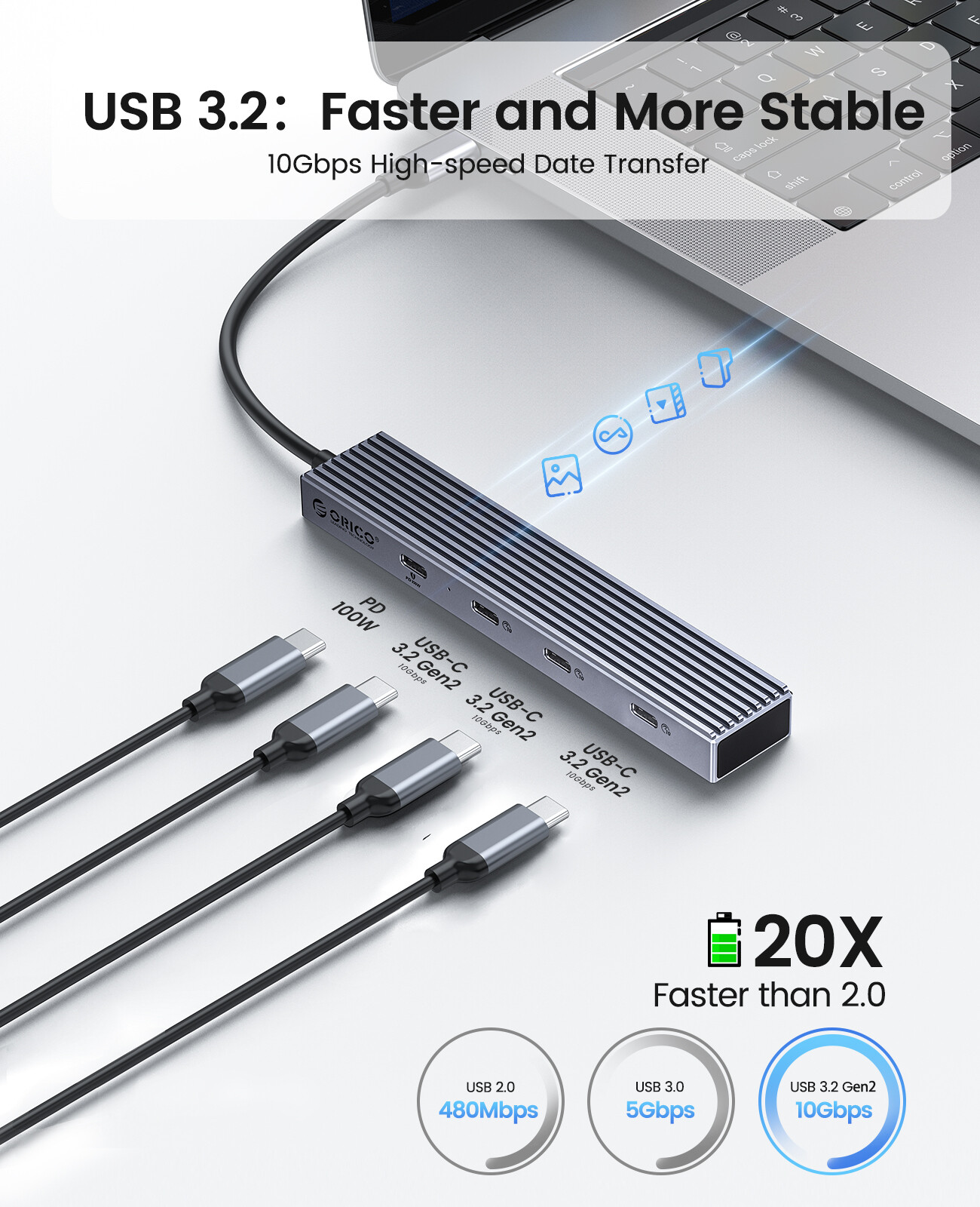ORICO USB C Hub Type C to USB Hub Adapter Splitter USB 3.2 Gen 2 w/ 4 USB Ports