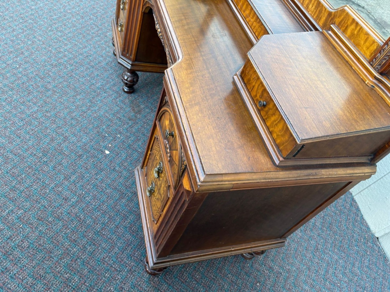 67476 Antique Walnut Vanity with Mirror, Ornate Carving and Drawers