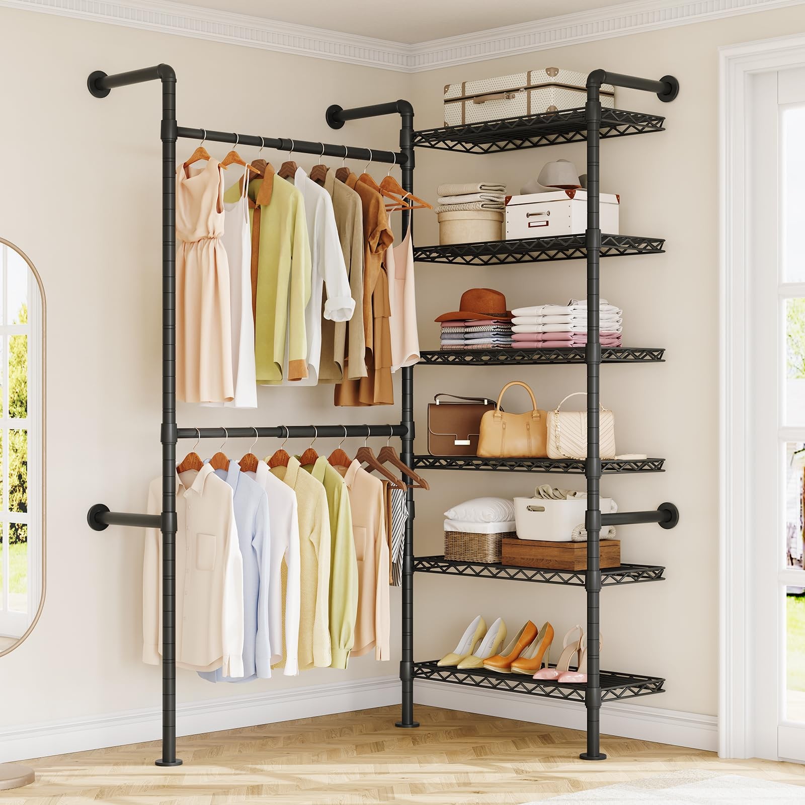 L2 Wall Mounted Closet System, Industrial Pipe Clothing Rack Clothes Racks