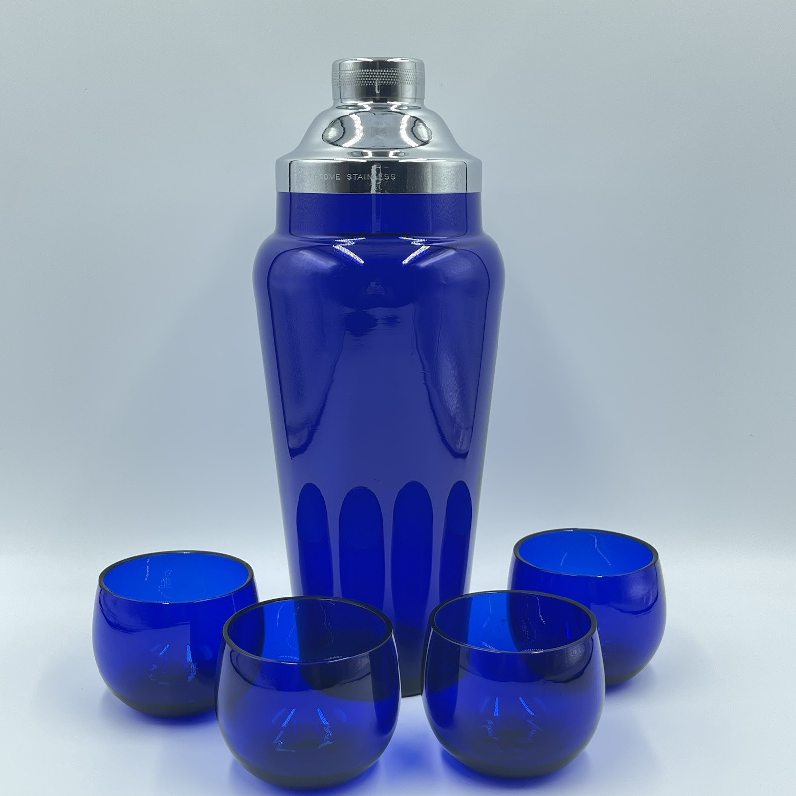 Vgt Cobalt Blue Cocktail Shaker with 4 Roly Poly Glasses Chrome Plate Shaker Top