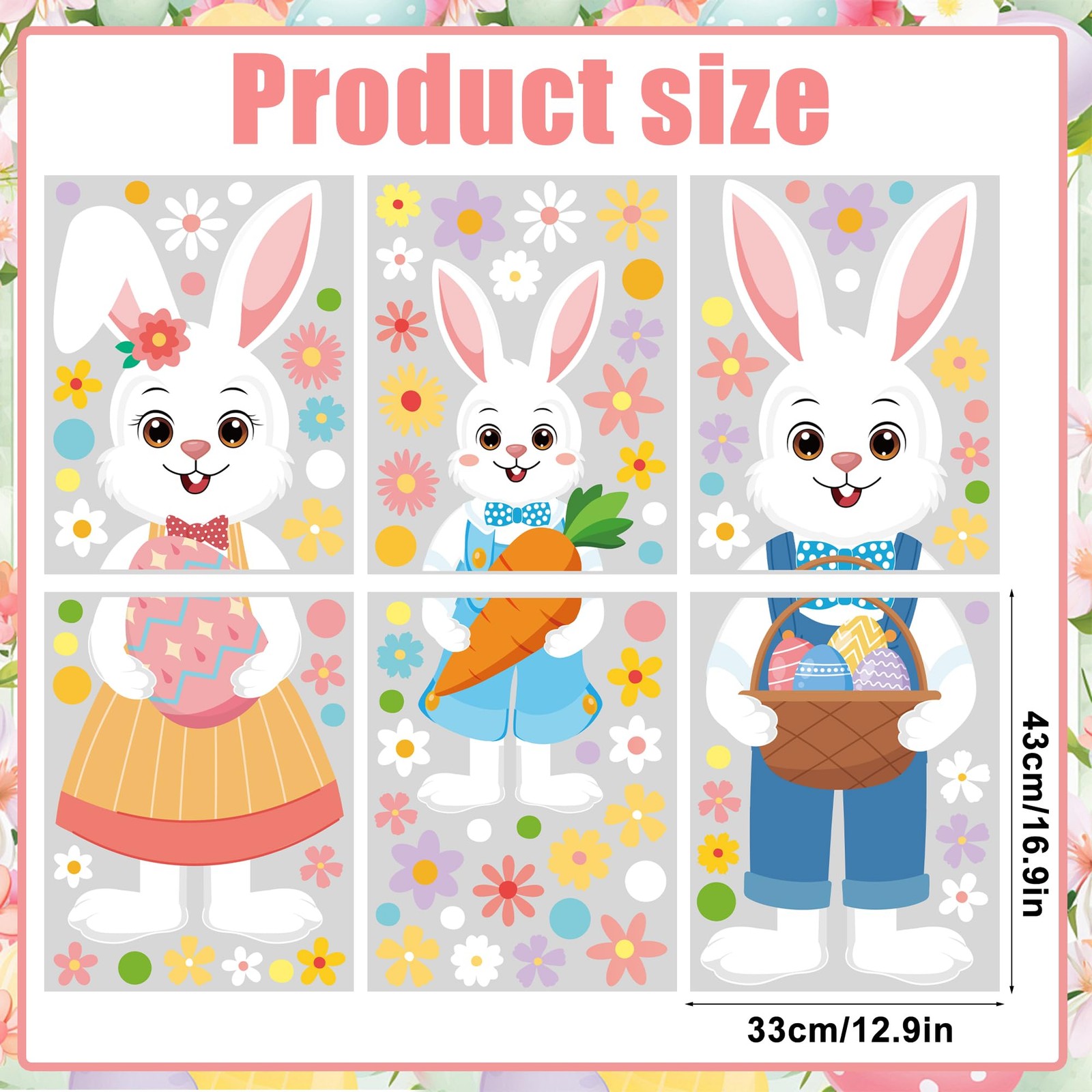 6 Sheet Extra Large Easter Window Clings Double-Sided Cartoon Bunny Rabbit Famil