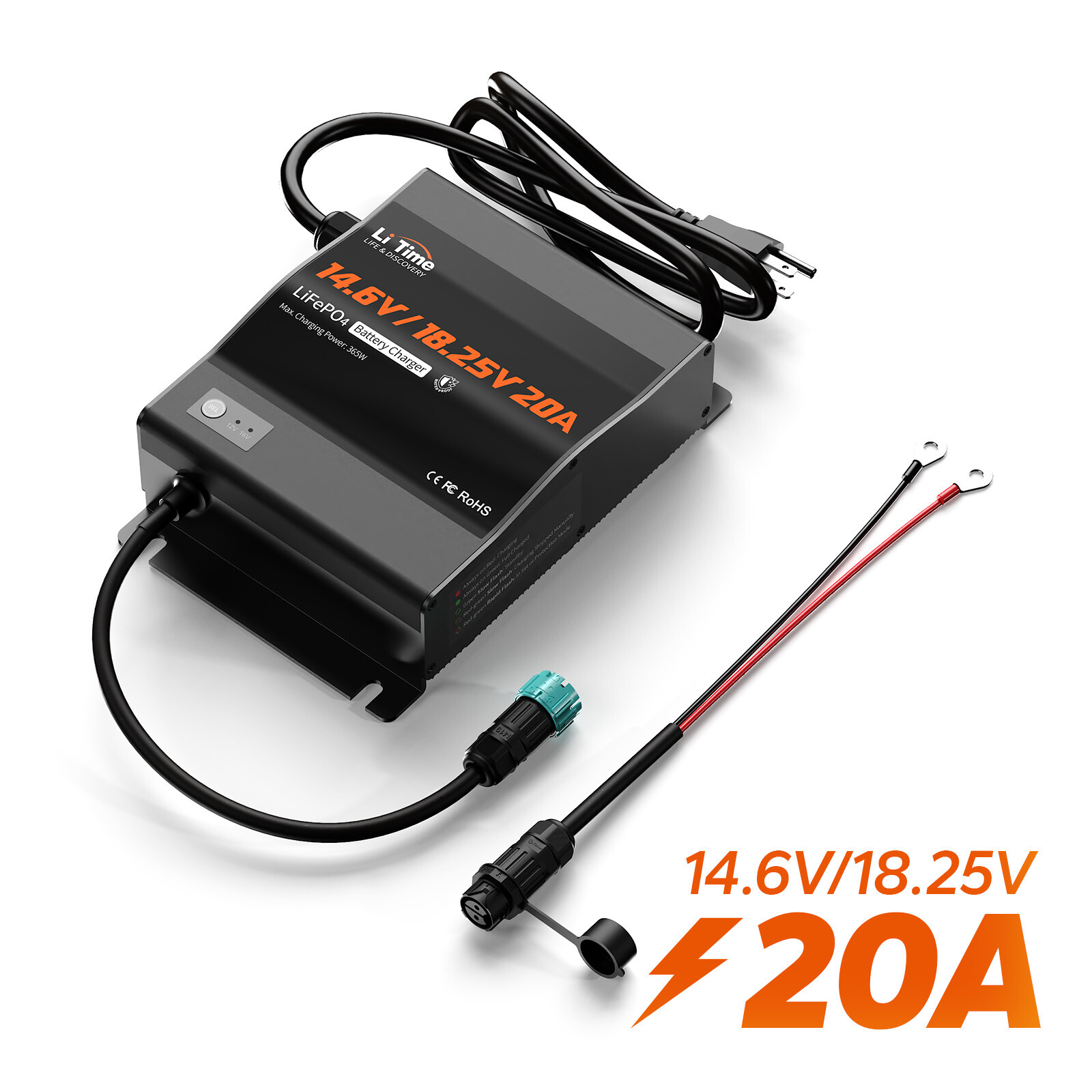 LiTime 14.6V+18.25V 20A Dual Bank Lithium Charger for 12V 16V LiFePO4 Battery