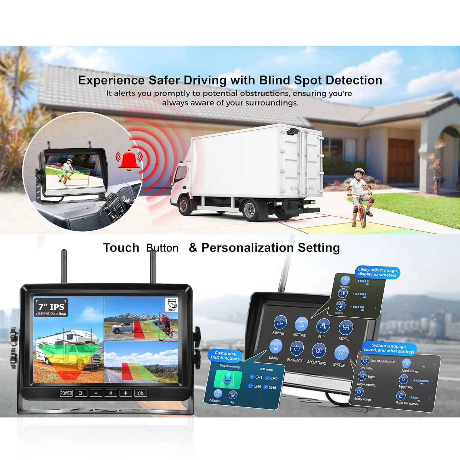 1080P Backup Camera System Wireless 7'' Monitor for RV Trailer Truck Camper Bus