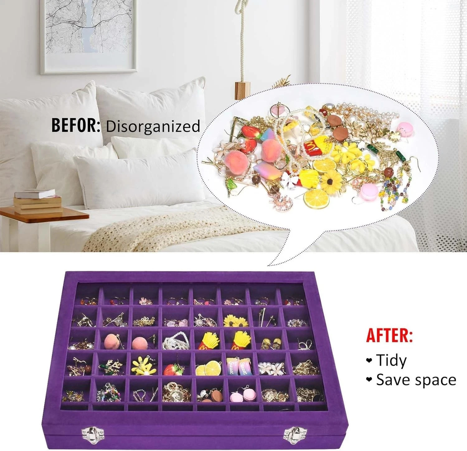 Velvet Jewelry Tray 48 Compartments Jewelry Display Organizer with Transparent