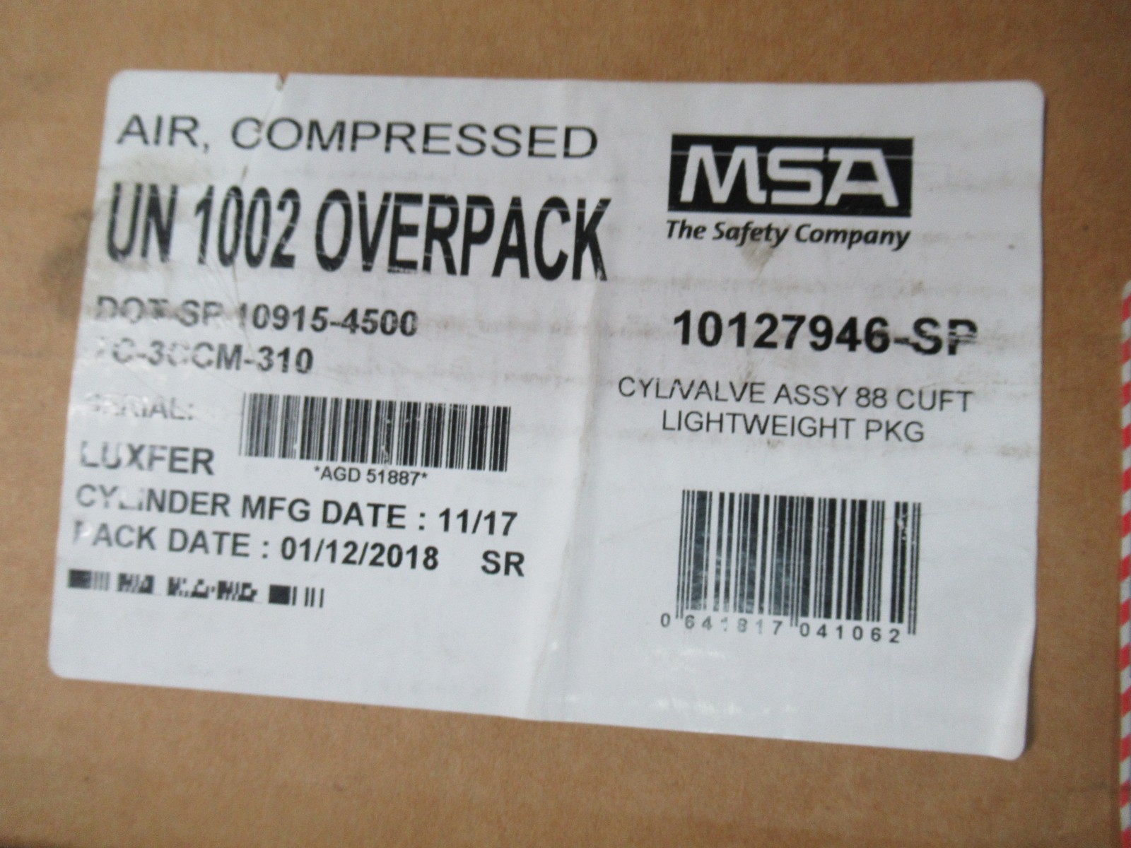 N.O.S. 60 MINUTE MFG 11/2017 MSA Tank G1 SCBA Cylinder Carbon Fiber TANK BOTTLE