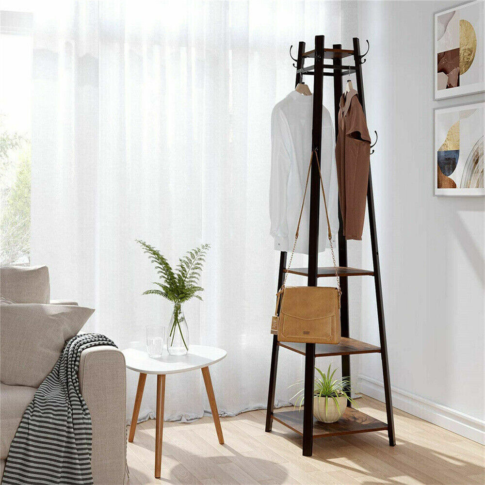 Industrial Coat Rack Stand Hall Tree Entryway Home Storage Shelves with 8 Hooks