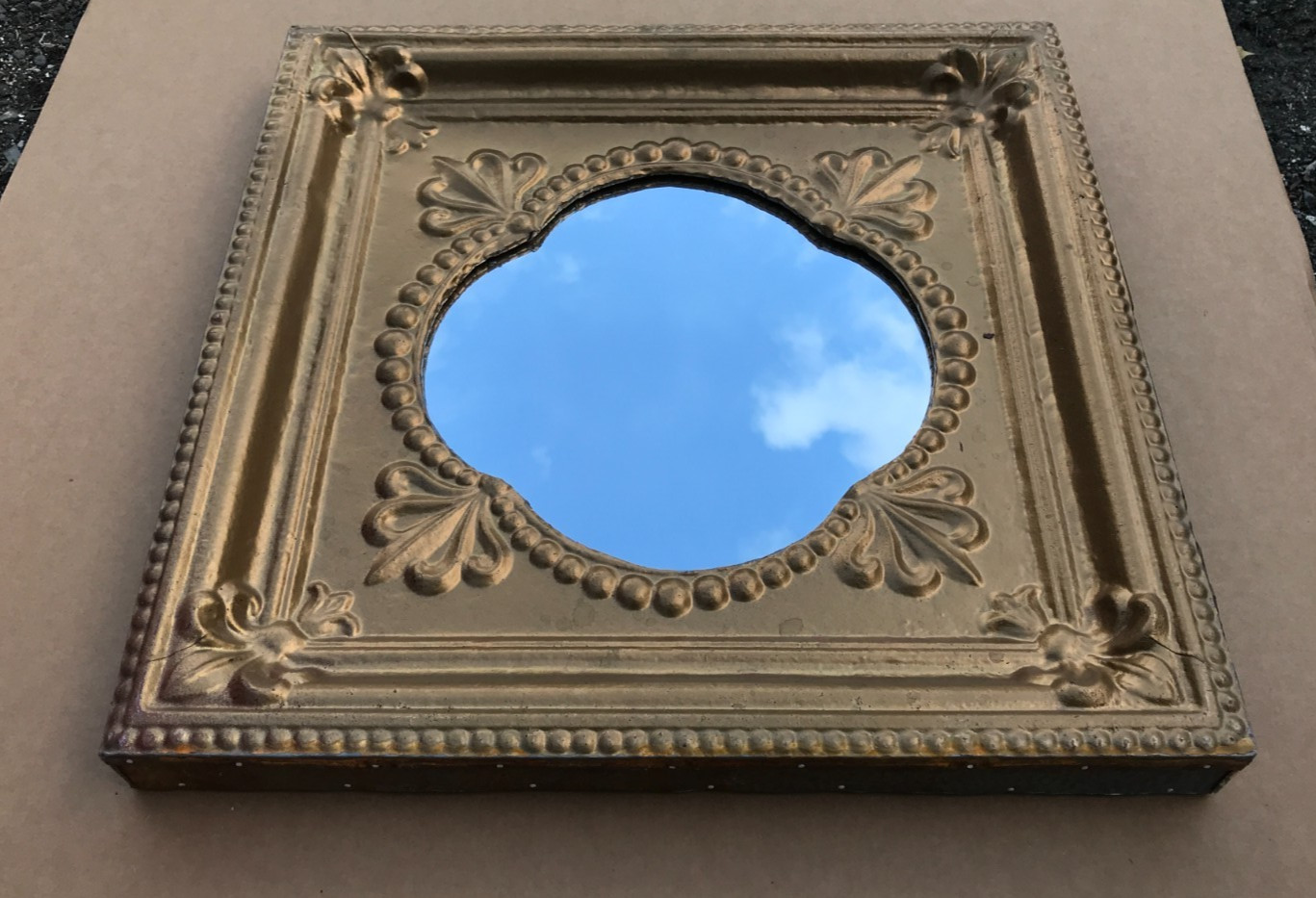 VTG Decorative Salvaged Tin Ceiling Gold 23" SQ. Thick Metal Mirror Old 1614-25B