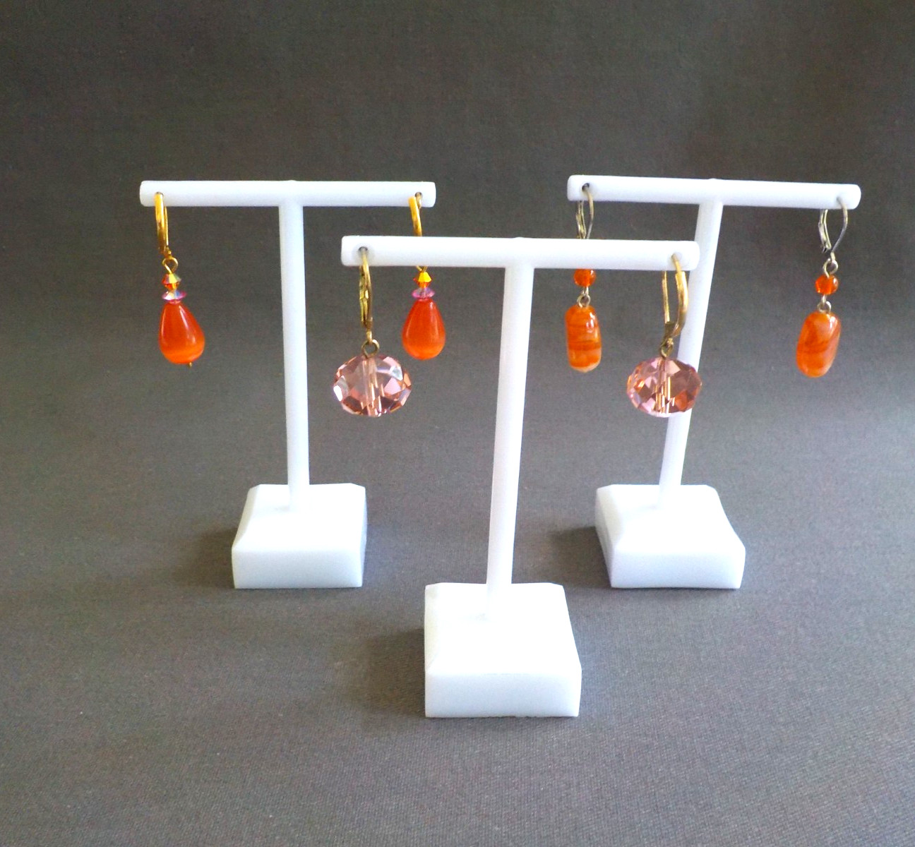 Earrings Pierced 3 Pair Dangle Drop Glass Stone Metal Orange Pink Lever Back