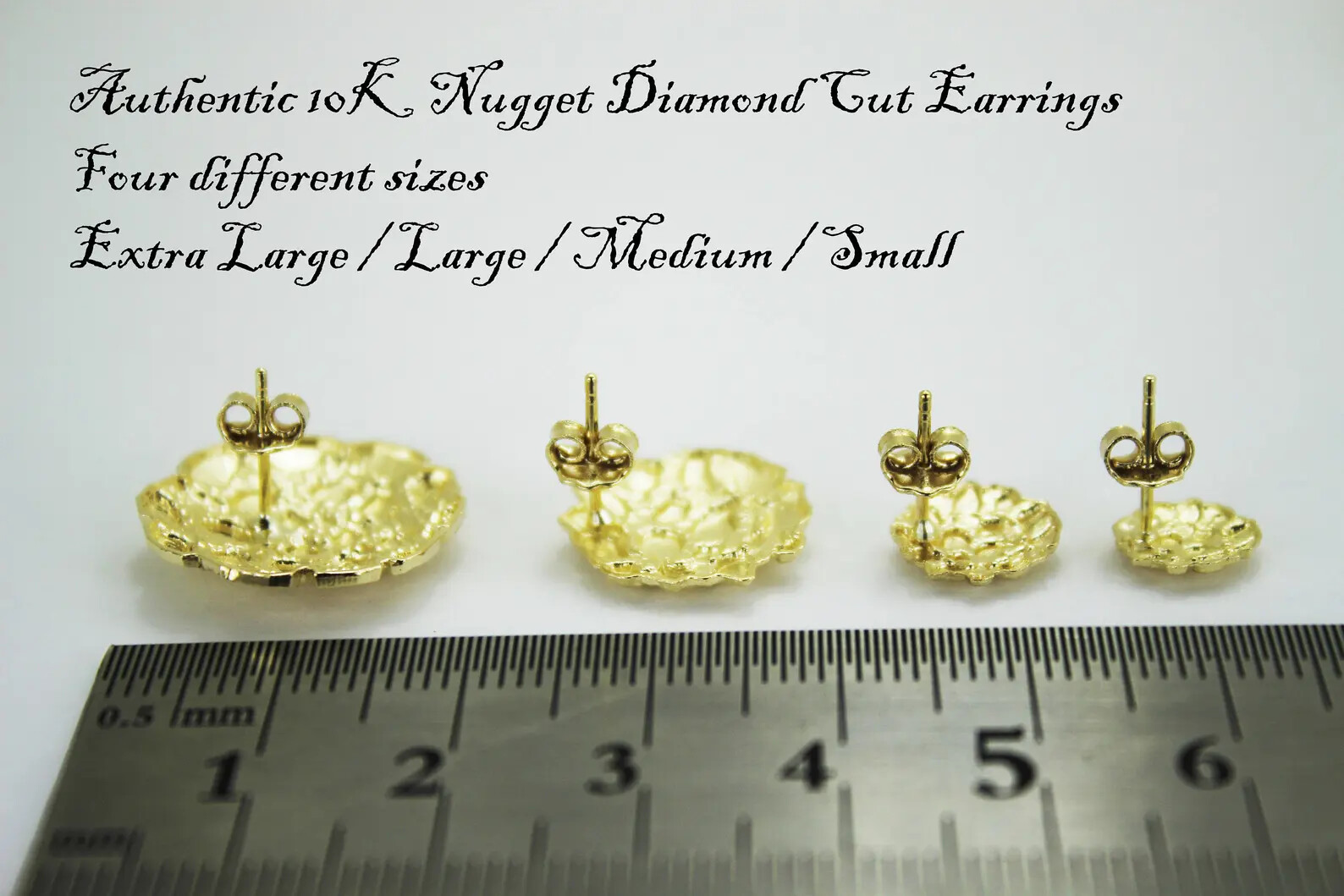 10K Soild Yellow Gold Nugget Round Diamond Cut Stud Earrings for Men Wome