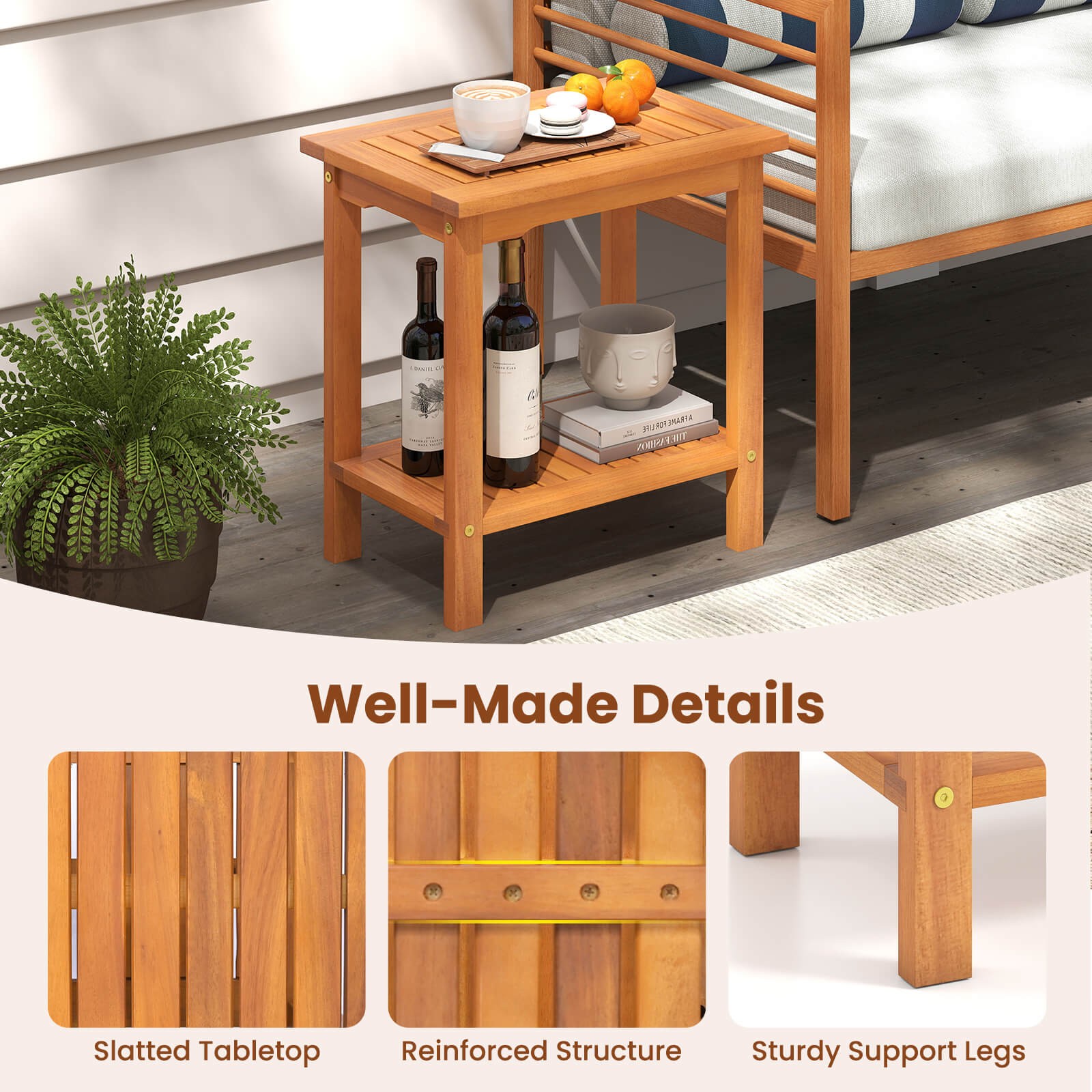 Outdoor Acacia Wood Side Table 2-Tier Patio End Table with Slatted Tabletop