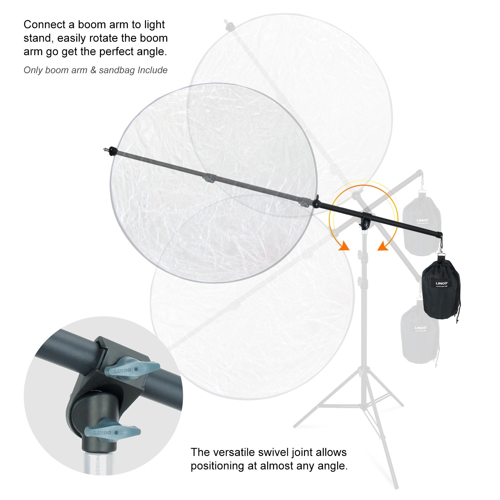 LINCO Photography Video Studio Boom Arm with Reflector Holder and Counterweight