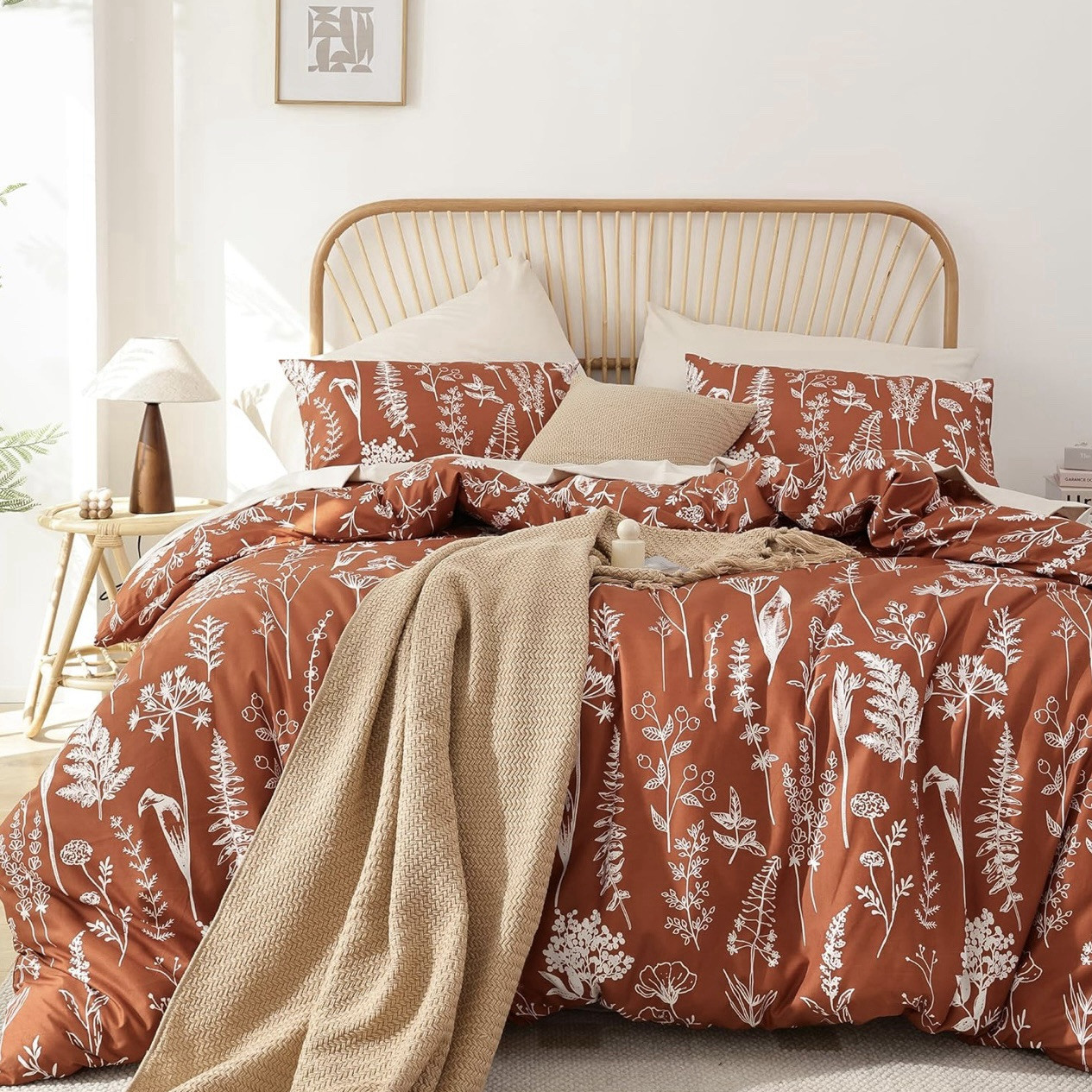 NEW West Elm Red Queen Size Comforter Botanical Print Bedding & Sham Case Set