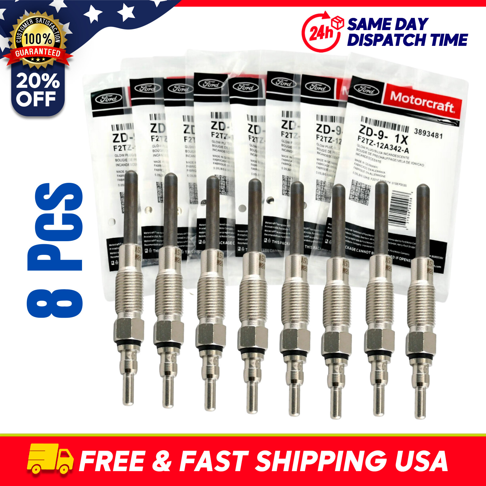 Set of 8 Motorcraft ZD-9 Glow Plugs for 7.3L IDI Ford, F250 F350 F59 Diesel ZD9