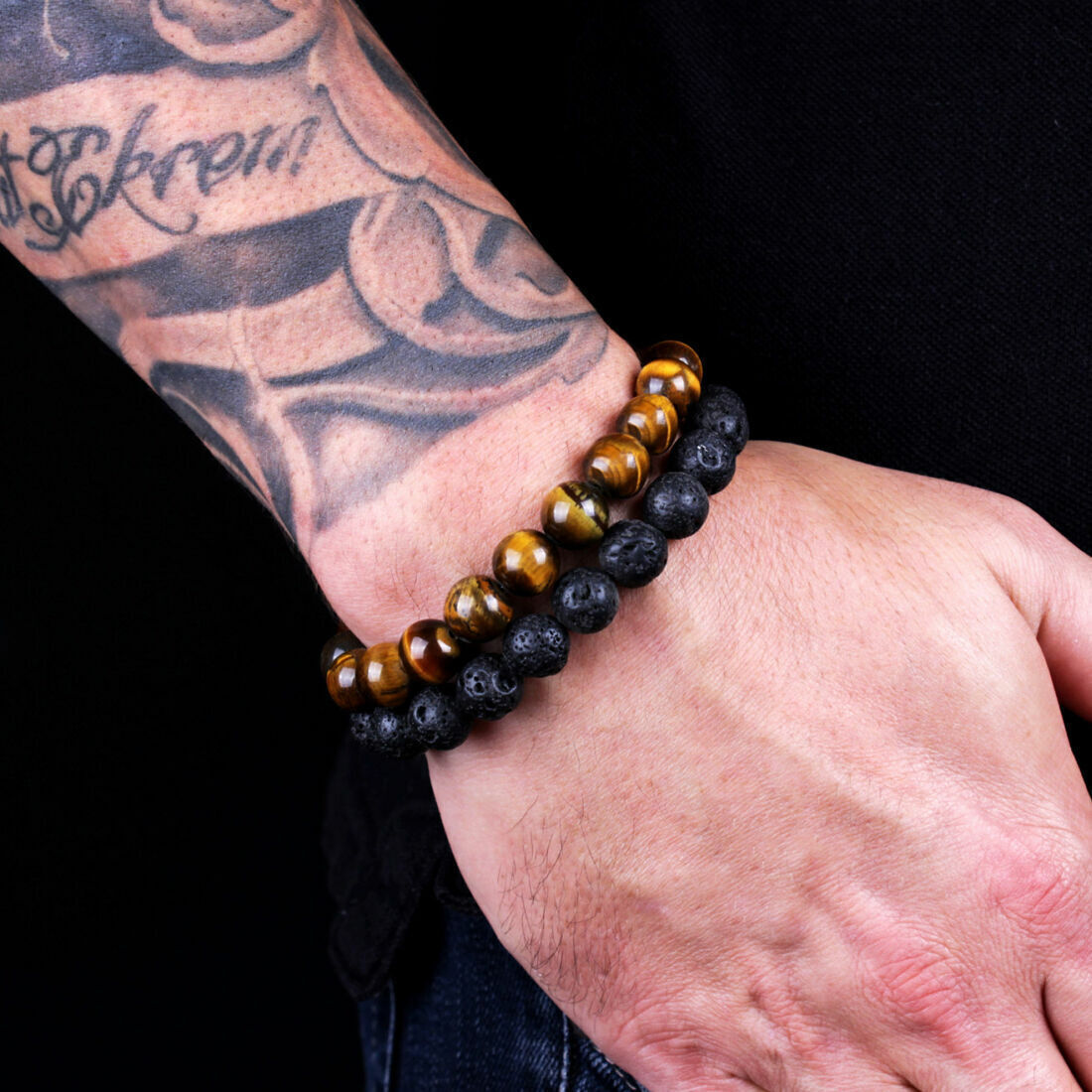 2PCS Men Bracelet Classic Lava Rock Tiger Eye Gem Stone Beaded Healing Boyfriend